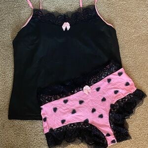 Never worn- Elegant Black and Pink Lace Sleepwear Set
